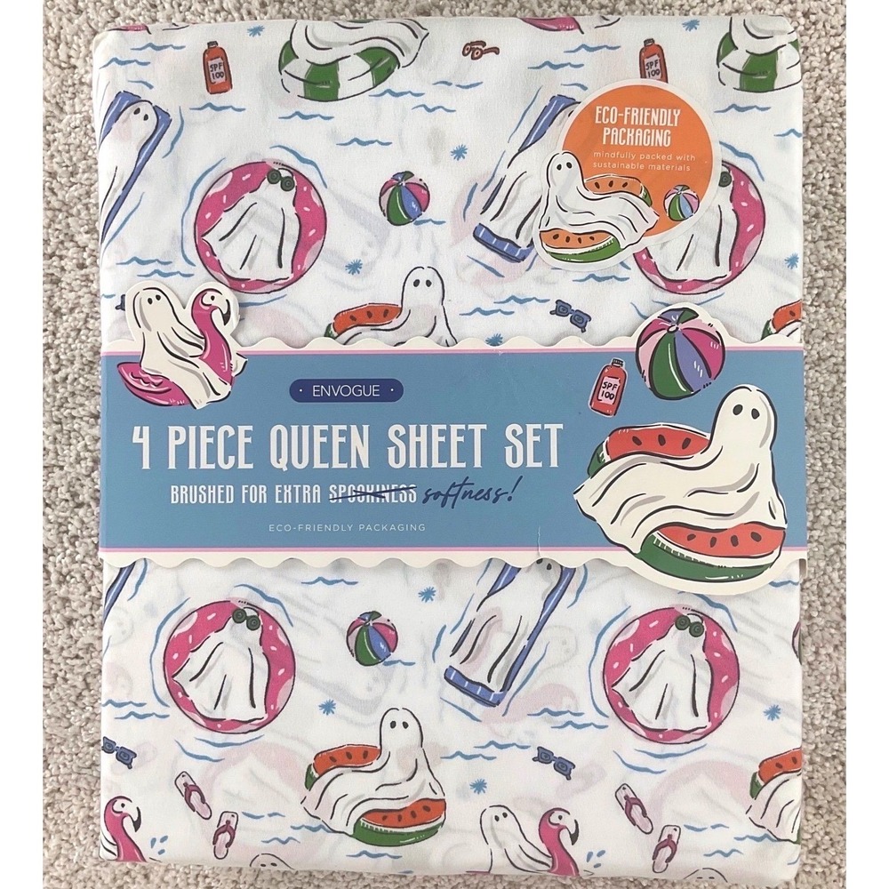 EnVogue Summer Ghosts Queen Sheet Set 4 Piece Brushed Softness Spooky Pool Party